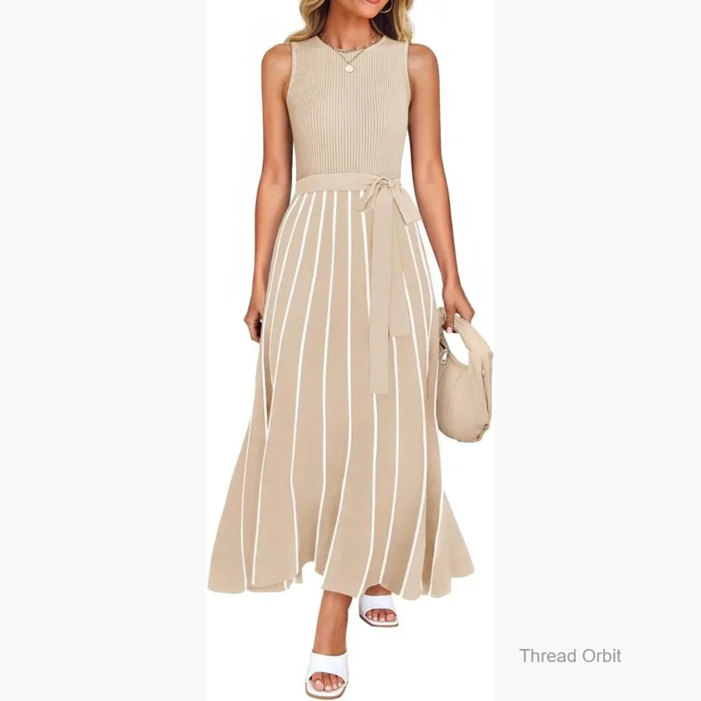 Sleeveless Maxi Dress Ribbed Knit Tie Waist A-Line Casual Midi